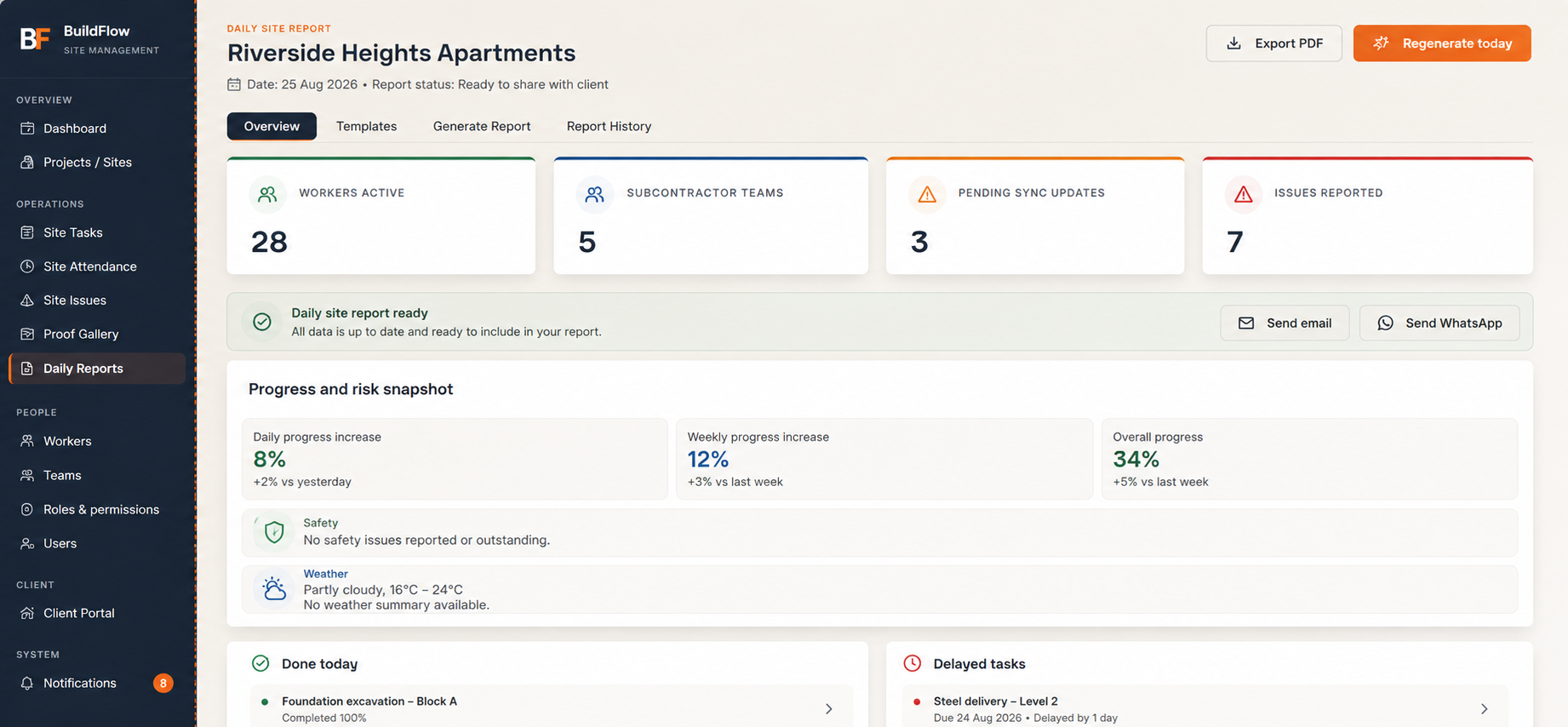 BuildFlow daily site report ready to share with client
