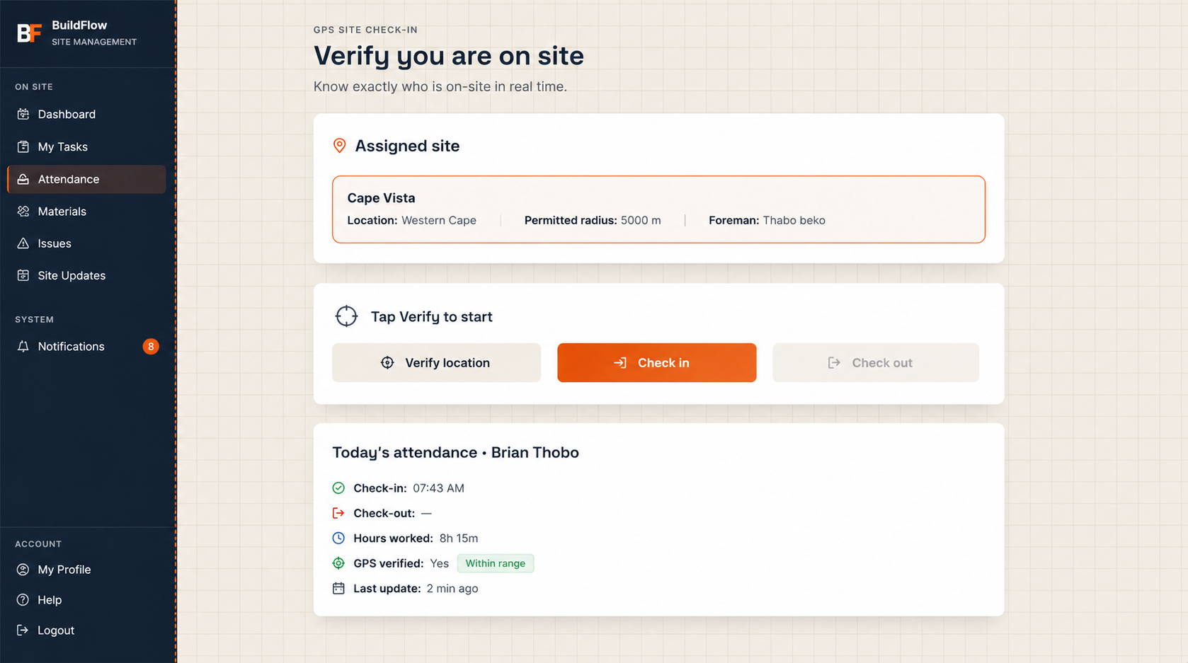 BuildFlow GPS site check-in screen verifying worker location