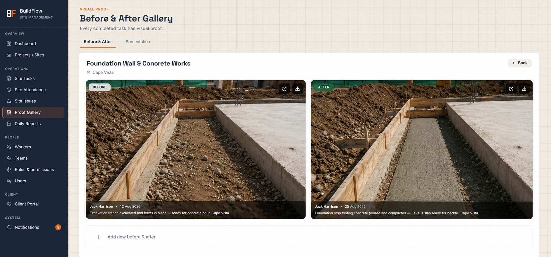 BuildFlow before and after photo gallery of completed site work