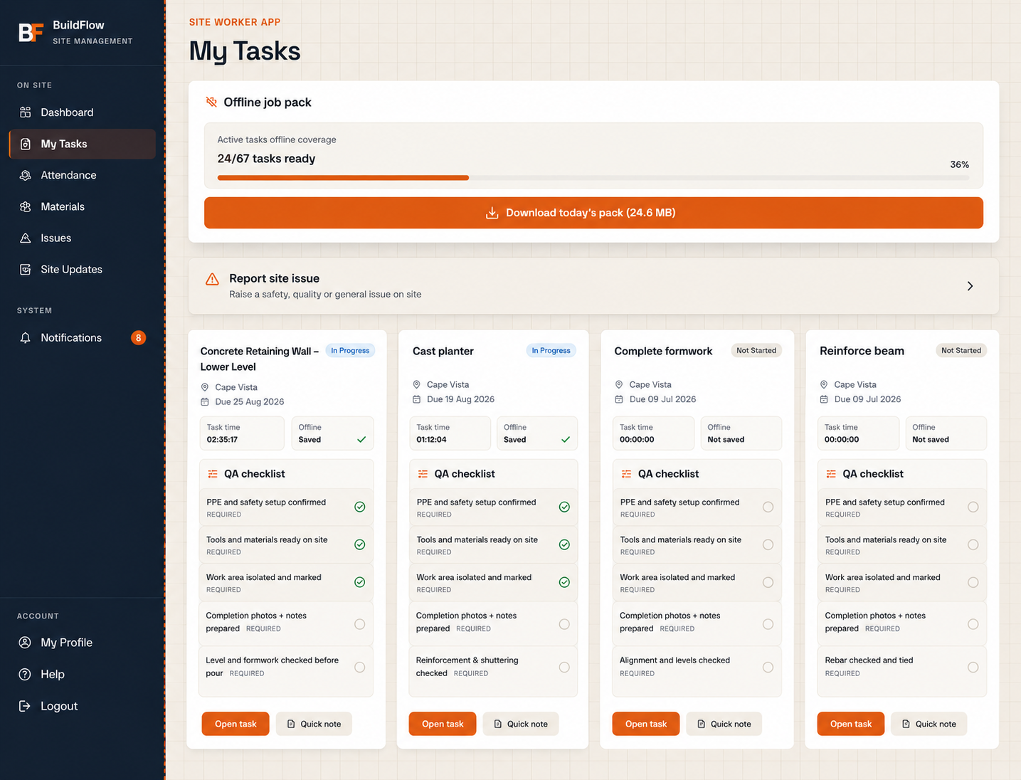BuildFlow site worker app showing My Tasks and QA checklists